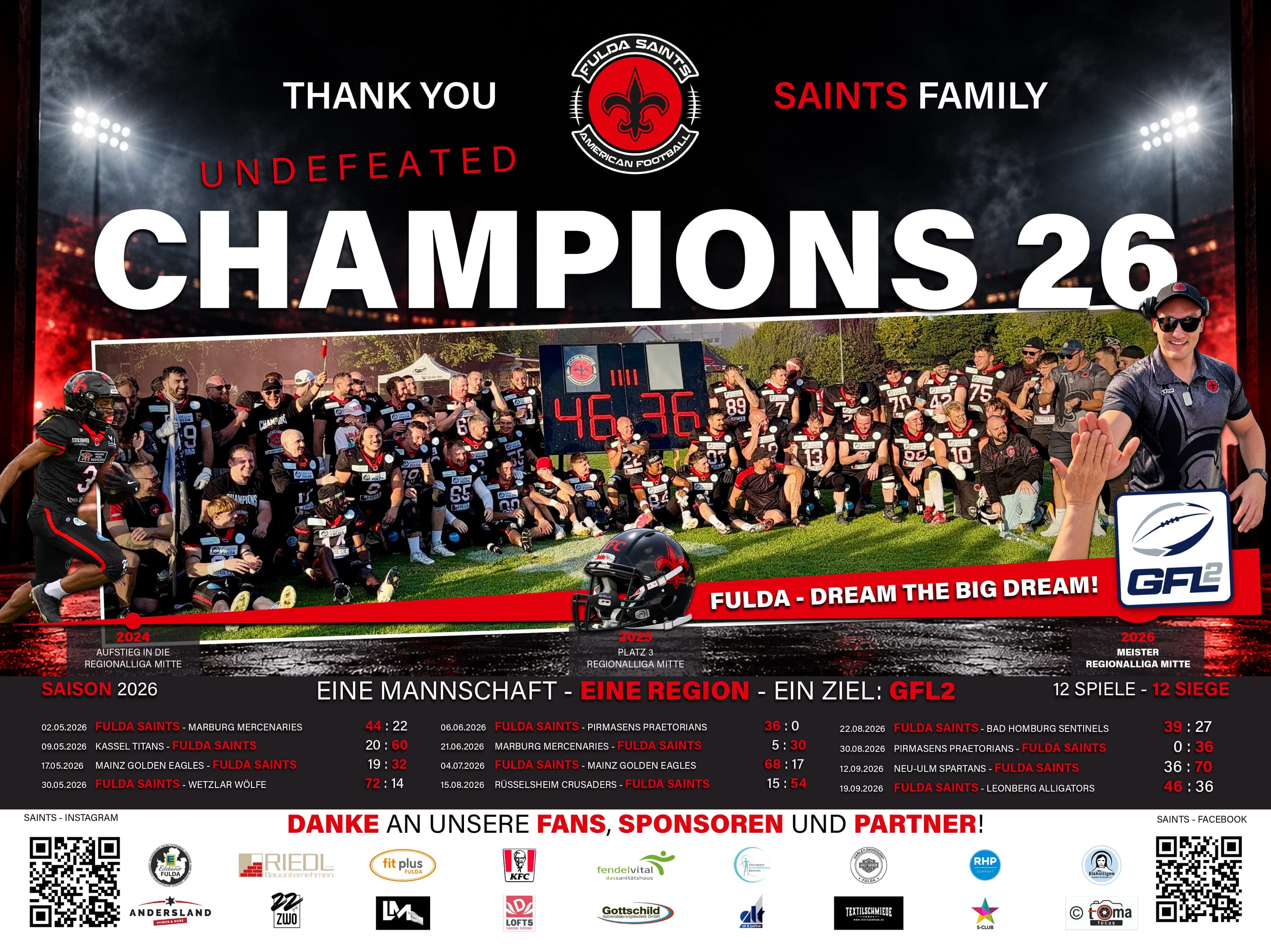 Champions 26: Fulda Saints, ungeschlagen, Meister der Regionalliga Mitte und Aufstieg in die GFL 2. Teamfoto mit Endstand 46:36, alle zwölf Saisonspiele mit Ergebnissen sowie die Sponsoren und Partner.