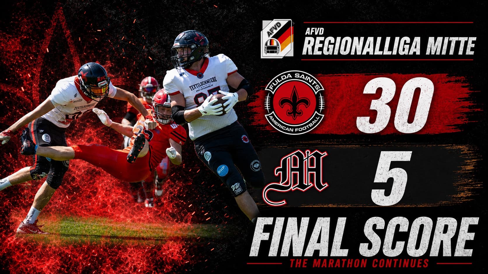 Final score 30:5 — Fulda Saints road win at the Marburg Mercenaries, ball carrier in the white jersey fights through a tackle