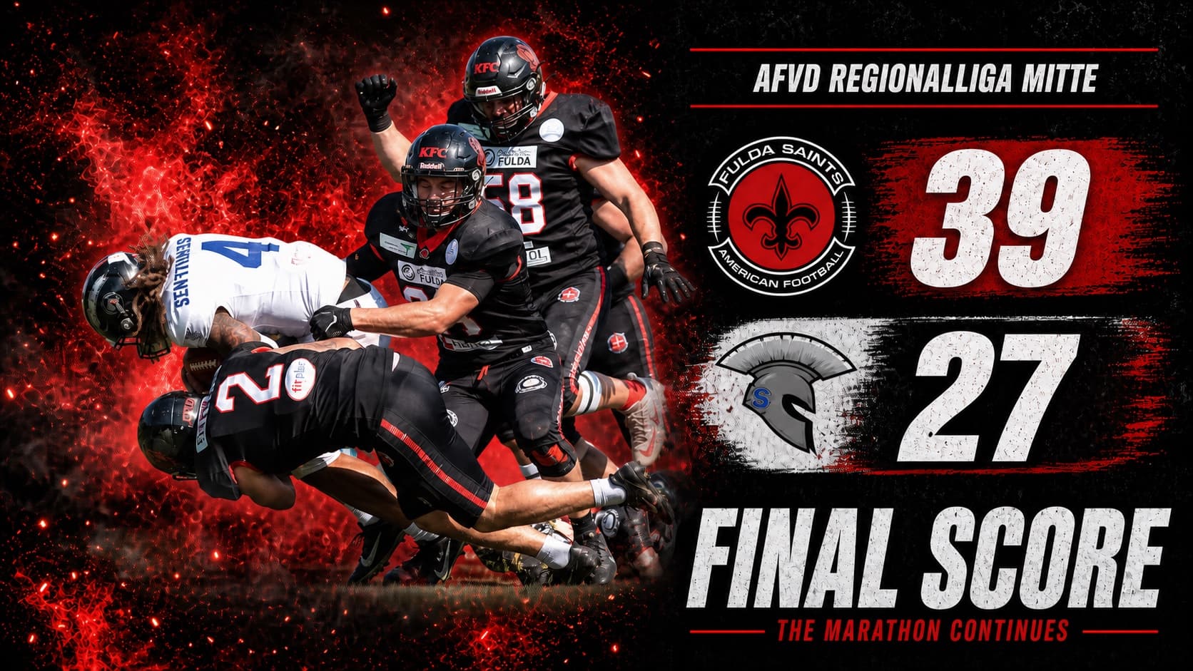 Saints-Defender Nummer 2 stoppt den Ballträger der Bad Homburg Sentinels beim 39:27-Heimsieg am Sportzentrum Johannesberg