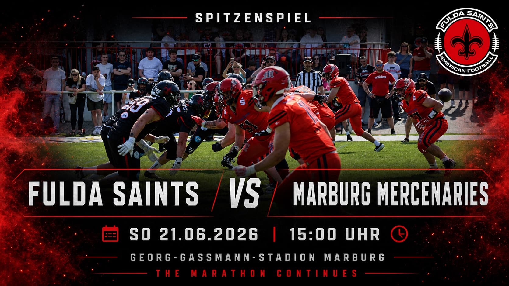 Spielszene der Fulda Saints in Rot an der Line of Scrimmage — Vorschau auf das Spitzenspiel beim Tabellenzweiten Marburg Mercenaries