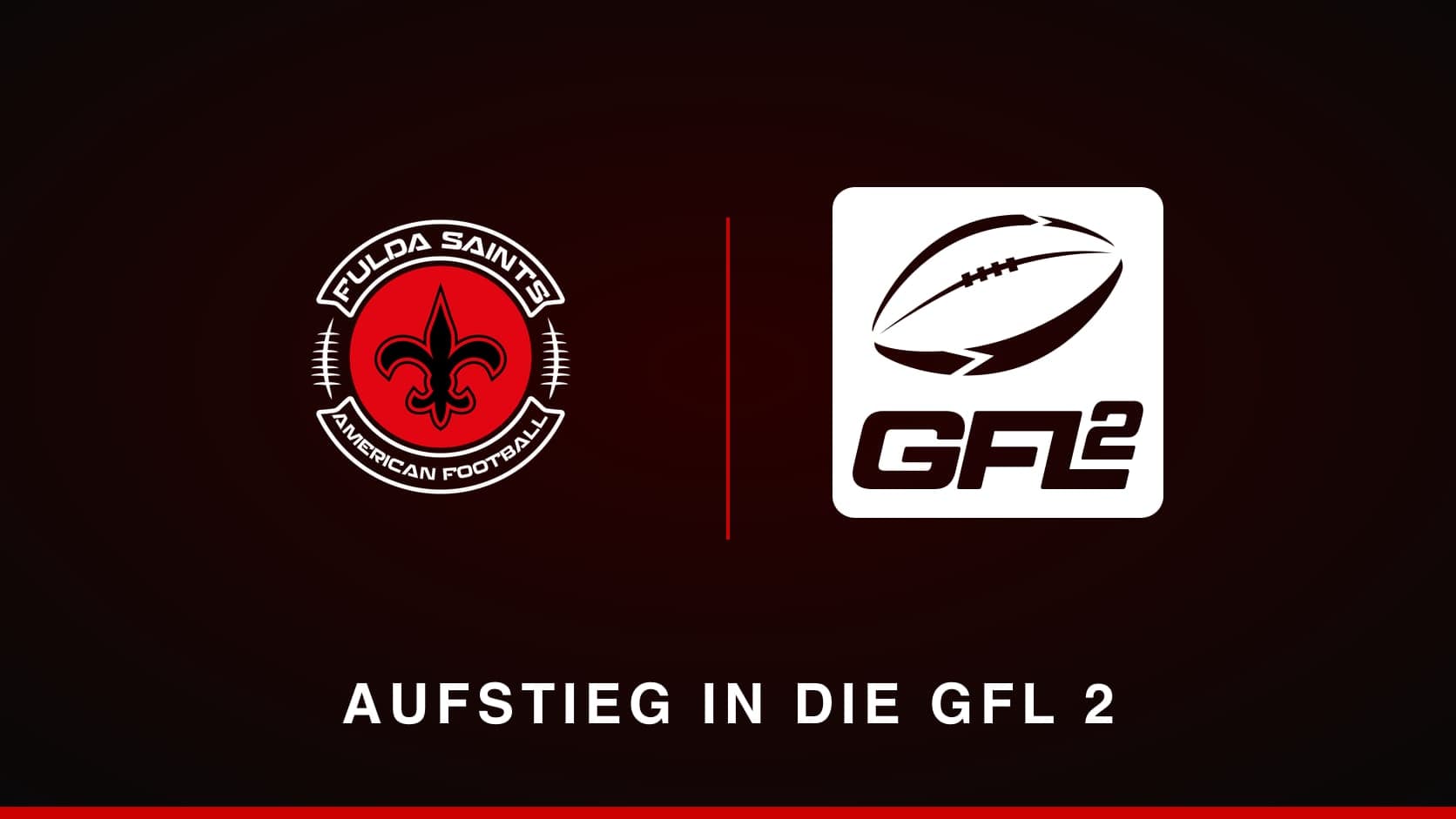 The Fulda Saints logo next to the GFL 2 logo on a dark background with the caption Promotion to the GFL 2